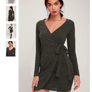 Lulus Charcoal Grey Ribbed Long Sleeve Wrap Dress